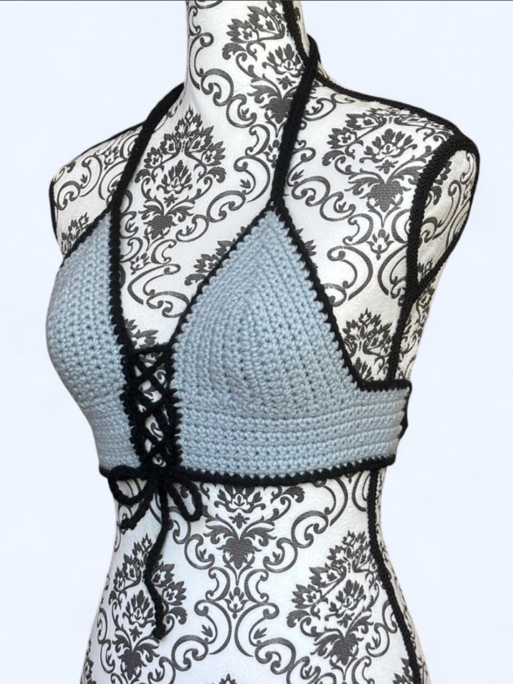 Handmade Light Blue Crochet Crop Top Corset with Black Trim